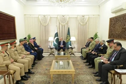 Saudi Armed Forces Chief of General Staff (CGS) General Fayyadh Bin Hameed Al Rowaili calls on Prime Minister Shehbaz Sharif at PM House, Islamabad, November 24, 2025.