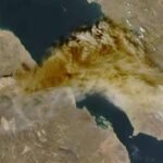 A satellite image shows ash rising from the eruption of the Hayli Gubbi volcano in Ethiopia as it drifts over the Red Sea,