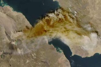 A satellite image shows ash rising from the eruption of the Hayli Gubbi volcano in Ethiopia as it drifts over the Red Sea,