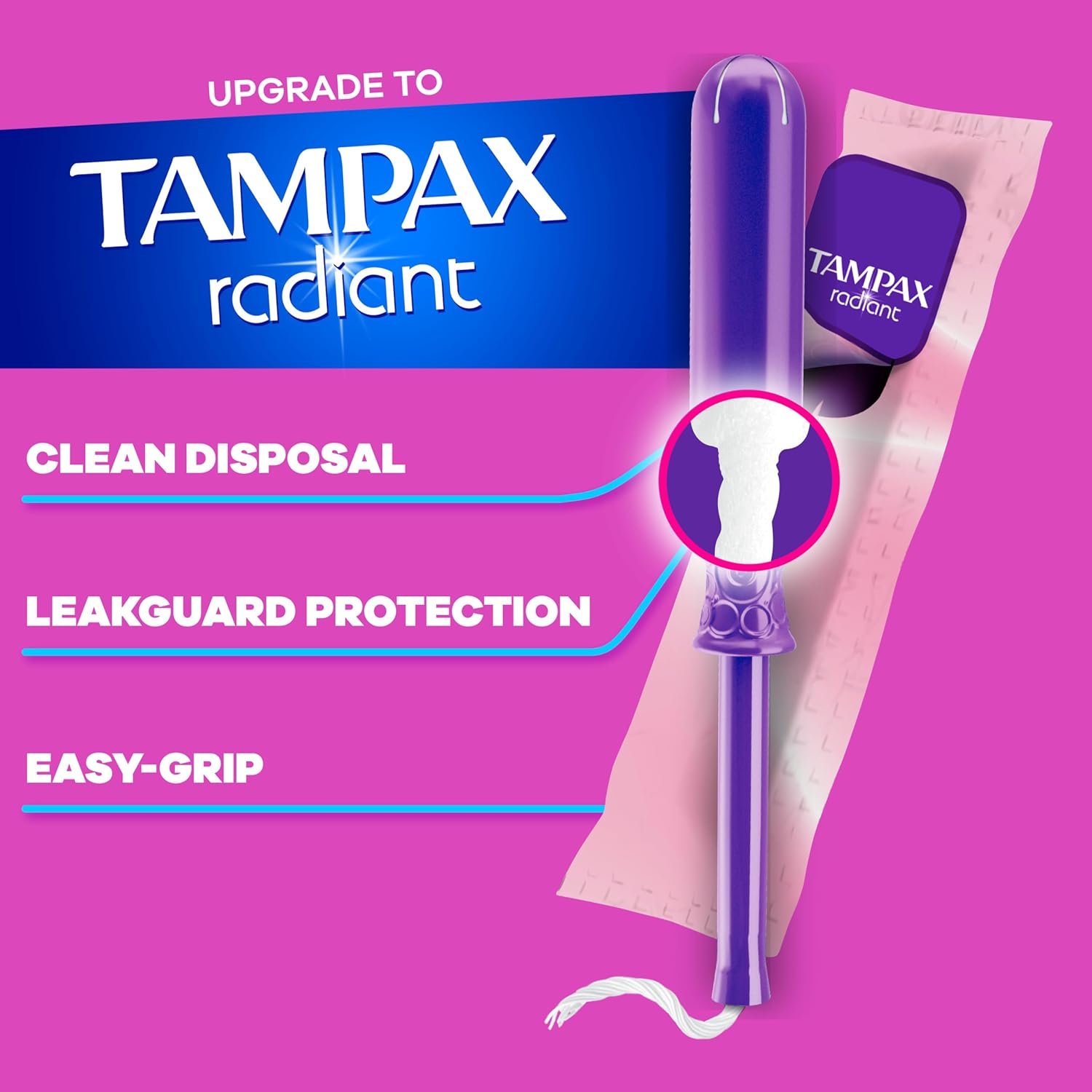 Tampax Pearl Tampons for Women, with LeakGuard Braid, Regular Absorbency, Unscented, 50 Count - Image 2