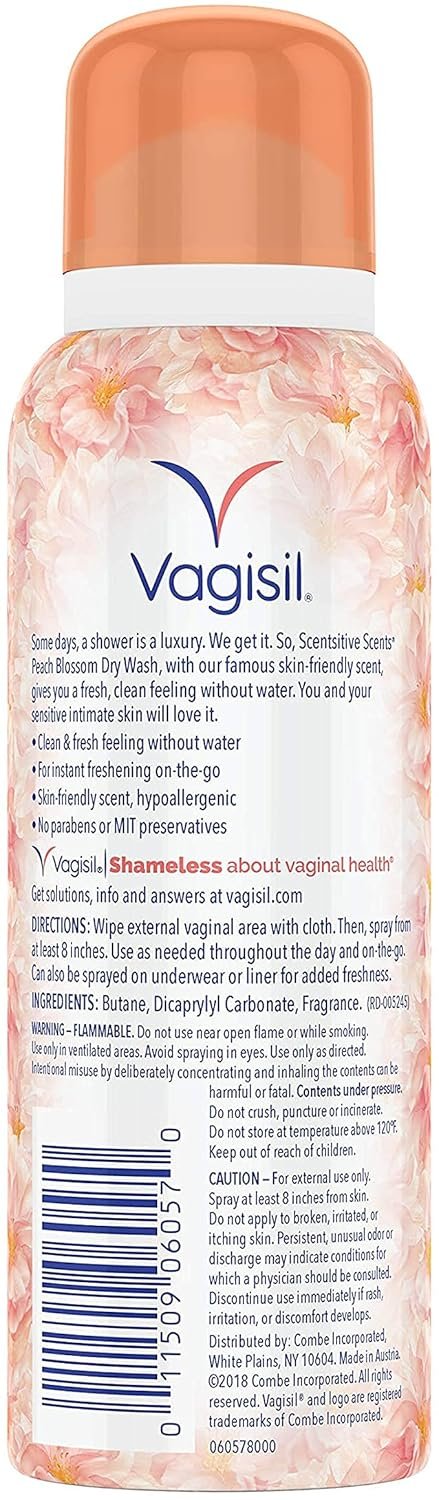 Click to see full view Vagisil Scentsitive Scents Feminine Dry Wash Deodorant Spray for Women, Gynecologist Tested, Paraben Free, Peach Blossom, 2.6 Ounce (Pack of 1) - Image 3