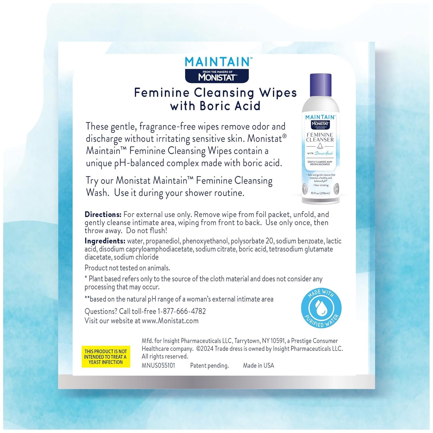 Monistat Maintain Feminine Wipes with Boric Acid for Feminine Care, Fragrance Free, 12 Ct - Image 2