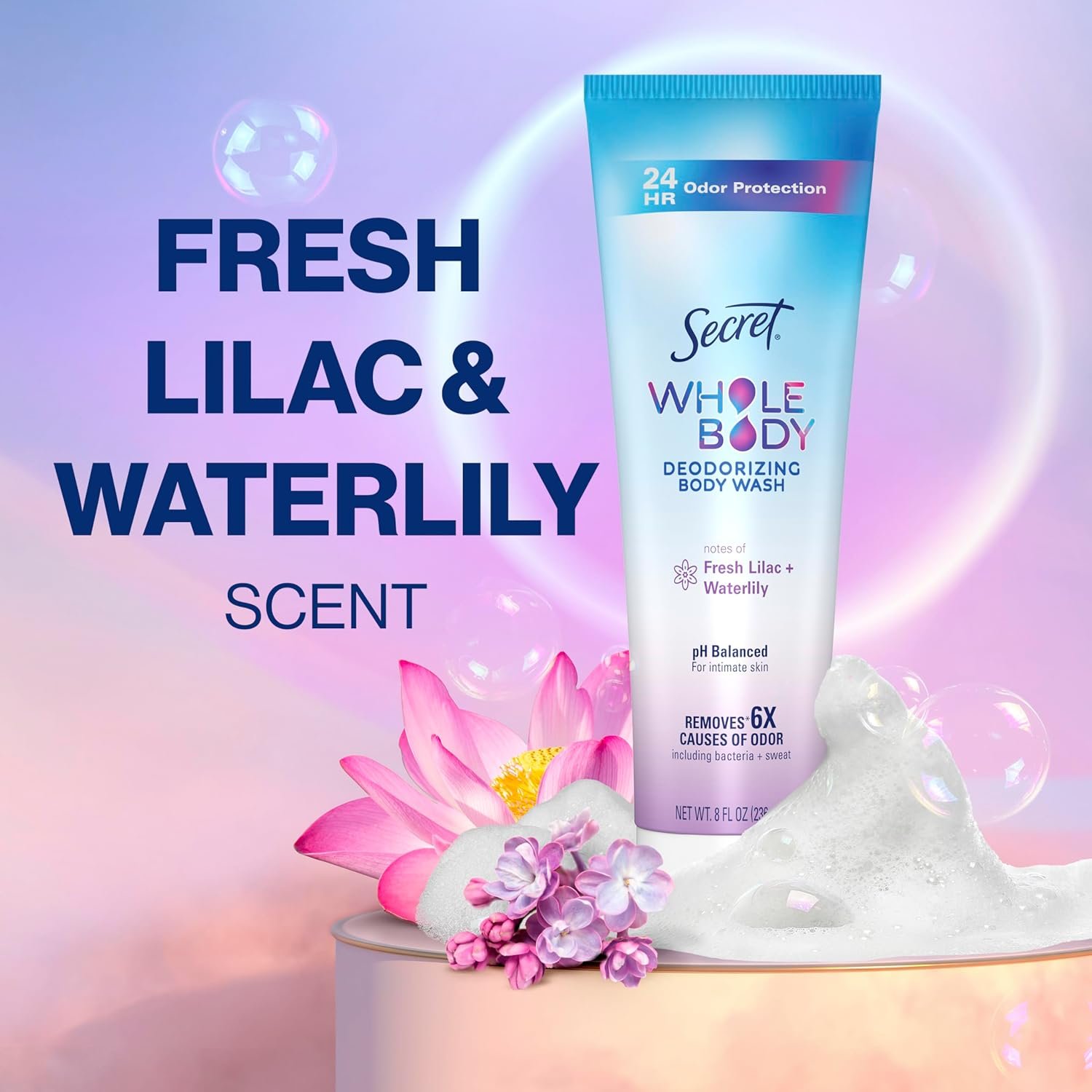 Secret Feminine Wash, 24 HR Deodorizing Feminine Body Wash for Women, Removes 6x Causes of Odor, PH Balanced, Safe to Use Everywhere, Lilac & Waterlily Scent, 8.0 oz - Image 2