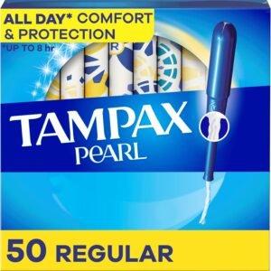 Tampax Pearl Tampons for Women, with LeakGuard Braid, Regular Absorbency, Unscented, 50 Count