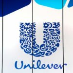 The Unilever logo displayed in bold blue designs on a clean white background.