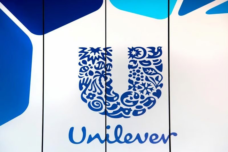 The Unilever logo displayed in bold blue designs on a clean white background.