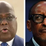 A side-by-side image of two men in suits, one speaking seriously and the other looking tense and concerned