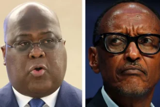 A side-by-side image of two men in suits, one speaking seriously and the other looking tense and concerned