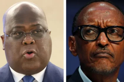 A side-by-side image of two men in suits, one speaking seriously and the other looking tense and concerned