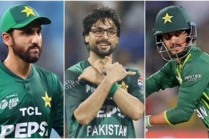 Close-up collage of three Pakistan national cricket team players in their green uniforms.