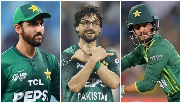 Close-up collage of three Pakistan national cricket team players in their green uniforms.