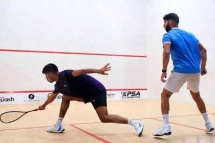 Pakistan's Noor Zaman (left) can be seen in action during the qualifying round of the British Open Squash Championship against Egypt's Kareem El Torkey in this undated image.