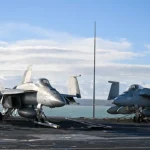 US F/A-18 Super Hornet flying during heightened tensions near Venezuela.