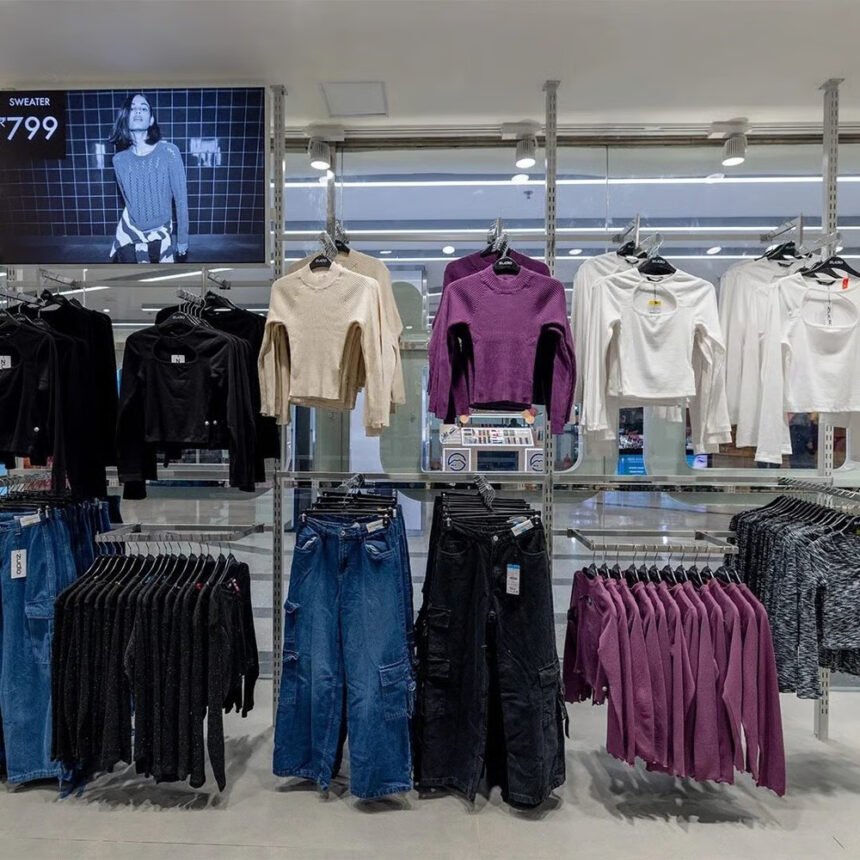 Inside an affordable fashion store in India, sweaters and jeans hang on racks, showing budget pricing as fast fashion and delivery apps reach shoppers in smaller cities.