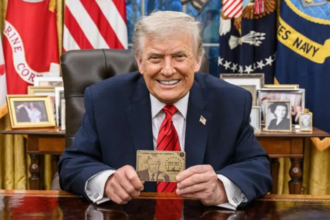 A man in a suit holding a gold-colored immigration card while seated in an official office setting, promoting the new Gold Card visa program