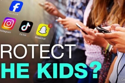 A graphic overlay displays icons for X, Facebook, Instagram, TikTok, and Snapchat above a blurred background of teenagers looking at smartphones, with the large text "PROTECT THE KIDS?" in white and cyan at the bottom.