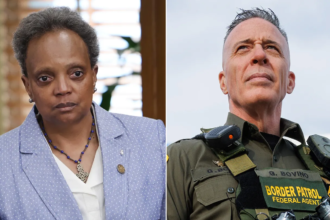 Former Chicago Mayor Lori Lightfoot speaking at a press conference, warning Border Patrol Commander Gregory Bovino about federal actions in Chicago.