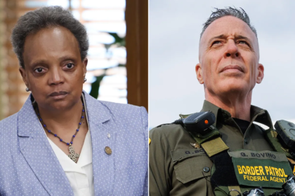 Former Chicago Mayor Lori Lightfoot speaking at a press conference, warning Border Patrol Commander Gregory Bovino about federal actions in Chicago.