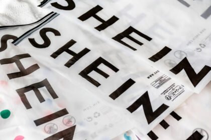 Shein logo on a smartphone screen with Paris skyline in the background