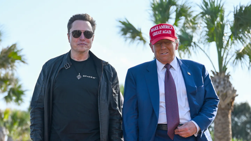 Donald Trump and Elon Musk shaking hands during their public appearances, highlighting their 2025 political partnership and eventual feud.