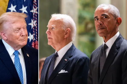 President Donald Trump walks past the White House Presidential Walk of Fame plaques targeting Joe Biden and Barack Obama