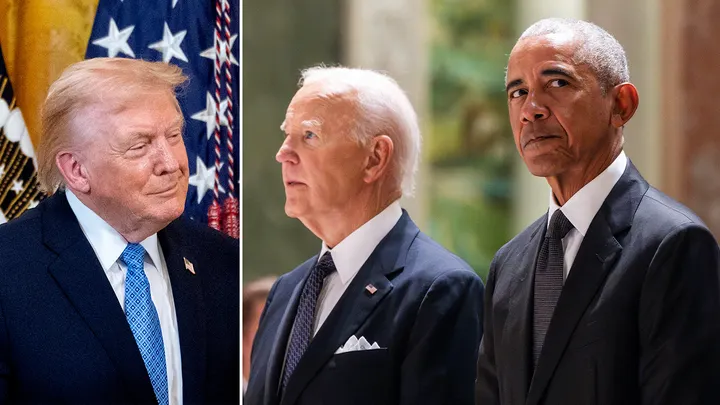 President Donald Trump walks past the White House Presidential Walk of Fame plaques targeting Joe Biden and Barack Obama