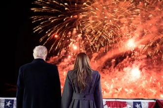 Washington Monument lit up with festive lights to mark the start of America’s 250th birthday celebrations by Freedom 250.