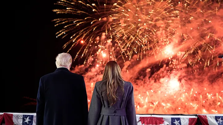 Washington Monument lit up with festive lights to mark the start of America’s 250th birthday celebrations by Freedom 250.