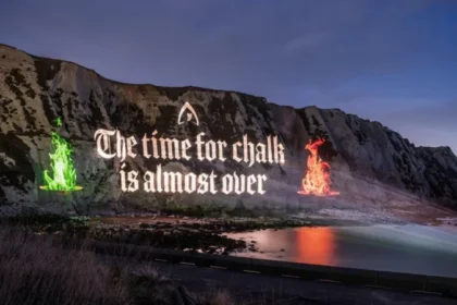 The Traitors projection on the White Cliffs of Dover ahead of the show’s finale, featuring firepits, iconic quotes
