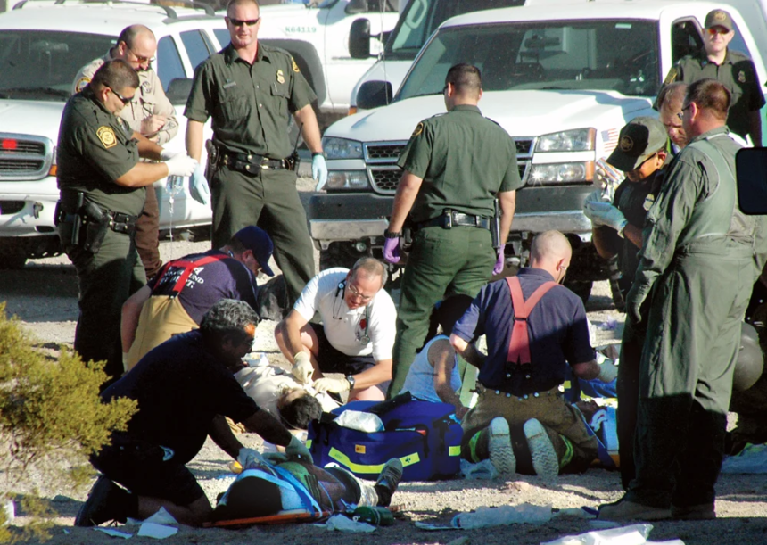 Emergency responders transport a critically injured individual after a Border Patrol shooting in Arizona