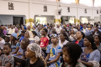 Congregants outside a church in Nigeria after kidnappings