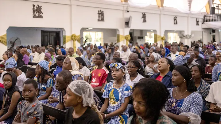 Congregants outside a church in Nigeria after kidnappings