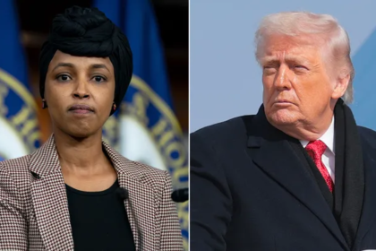 Congresswoman Ilhan Omar addressing the media after Trump criticizes her on Truth Social