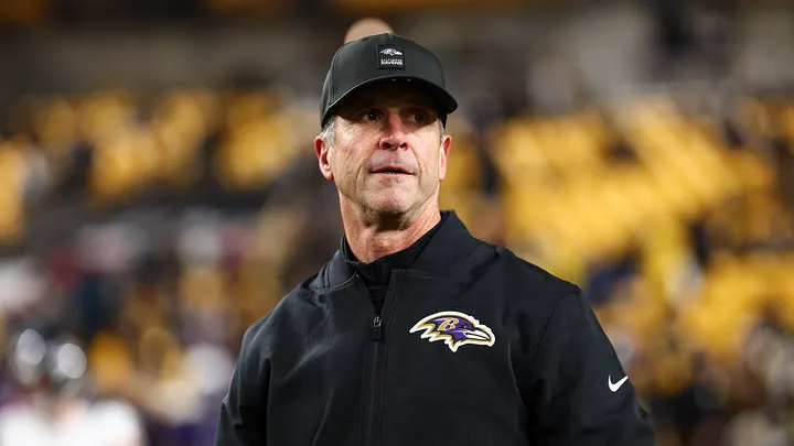 John Harbaugh during a press conference after being fired by the Baltimore Ravens with President Trump endorsing him on social media
