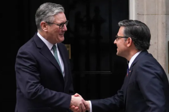 House Speaker Mike Johnson speaking at the British Parliament during a historic address on US UK relations