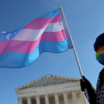 Supreme Court building with transgender athletes protesting outside, highlighting the upcoming cases on state bans in school sports