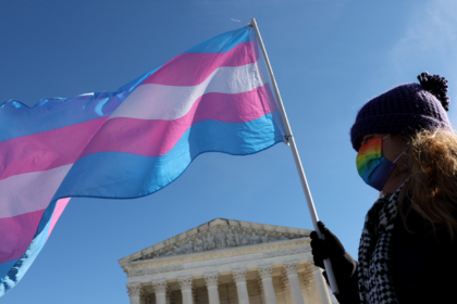 Supreme Court building with transgender athletes protesting outside, highlighting the upcoming cases on state bans in school sports