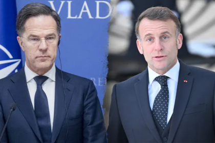 President Donald Trump holding a briefing while discussing private text messages from Macron and Rutte