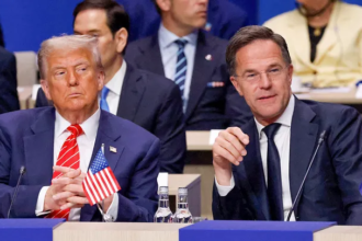 NATO Secretary-General Mark Rutte speaking at Davos with President Donald Trump present