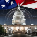 Futuristic city skyline with artificial intelligence network overlay representing AI impact on elections