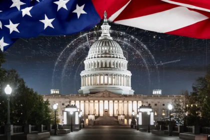 Futuristic city skyline with artificial intelligence network overlay representing AI impact on elections