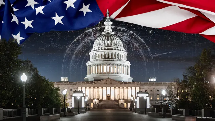 Futuristic city skyline with artificial intelligence network overlay representing AI impact on elections