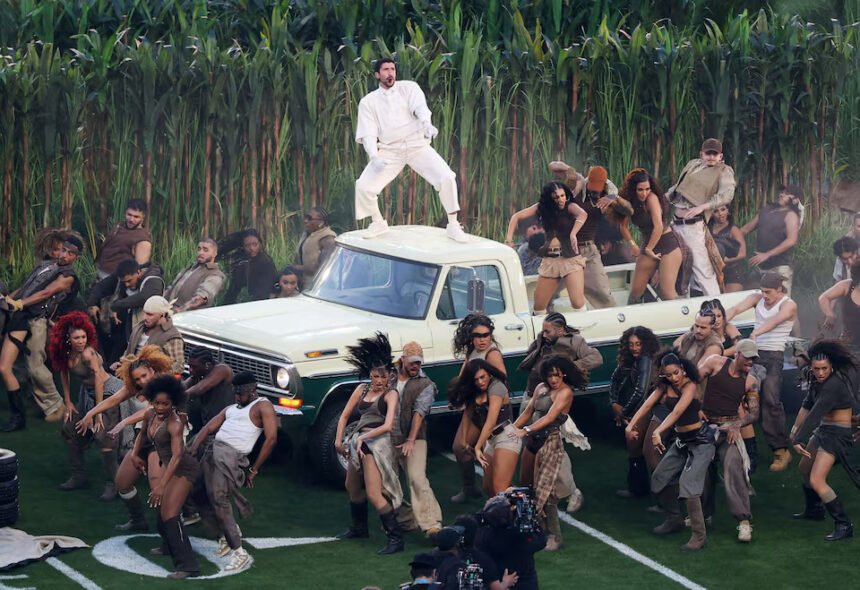 Bad Bunny performing at Super Bowl halftime show with Puerto Rican flag