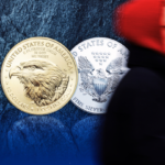 Gold and silver bars with stock market graph overlay showing a decline