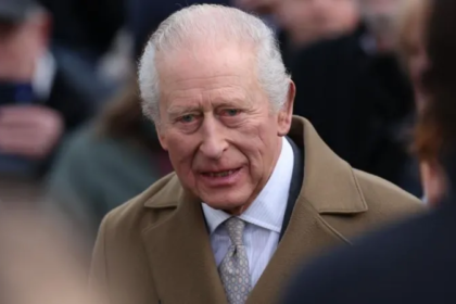 King Charles speaking to media outside Buckingham Palace