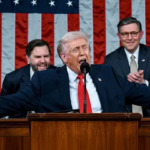 President Donald Trump speaking during his record breaking State of the Union address as Nancy Pelosi reacts