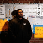 Activists rallying at Philadelphia’s President’s House to restore slavery memorial panels