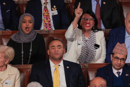 Rashida Tlaib wearing an F ICE pin during President Donald Trump’s State of the Union address
