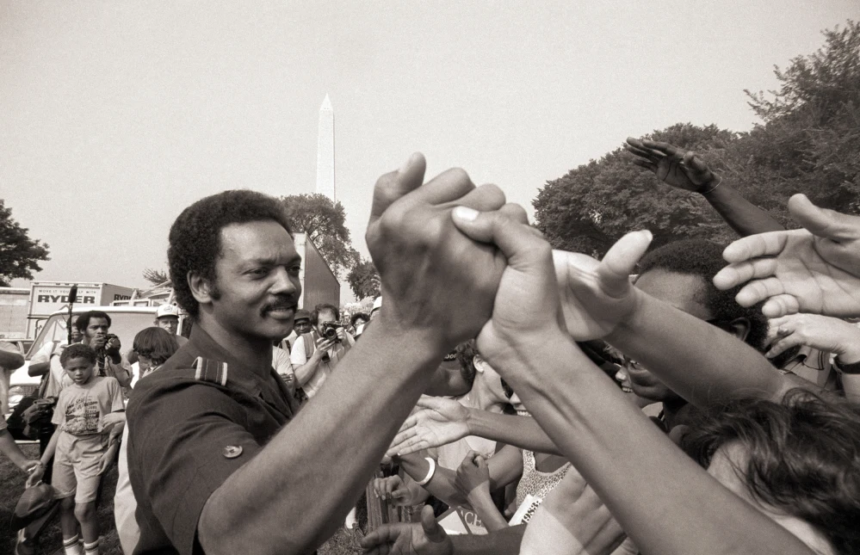 Rev Jesse Jackson speaking at a civil rights rally during his leadership years