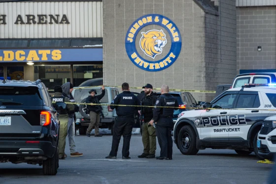 Police vehicles outside Dennis M Lynch Arena after shooting at Rhode Island high school hockey game